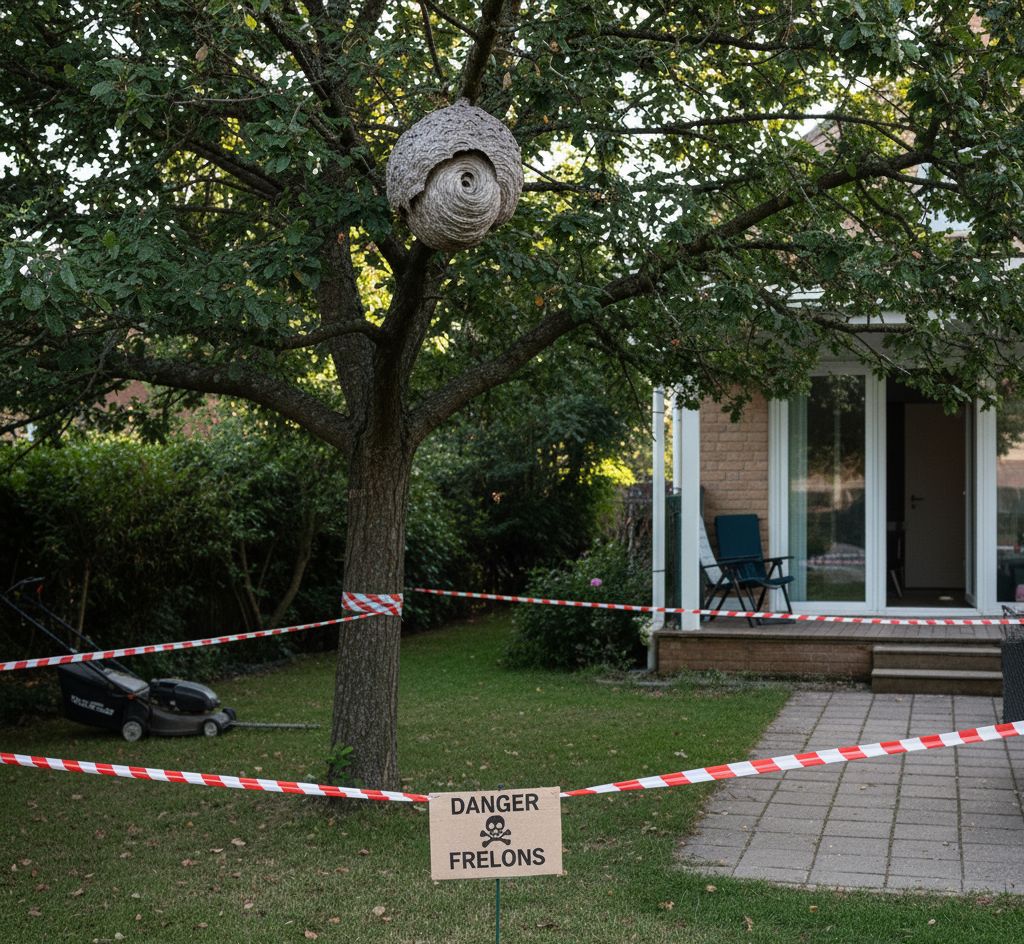 Photo d'un grand nid de frelons accroché dans un arbre, avec une bande de sécurité rouge et blanche installée au sol, signalant un périmètre de danger. Le périmètre est sécurisé pour l'attente d'une intervention professionnelle Certibiocide.